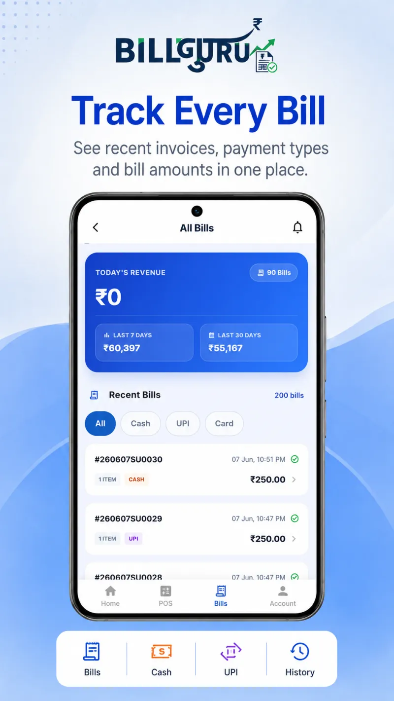 BillGuru all bills screen listing recent invoices with payment type and amounts for a shop