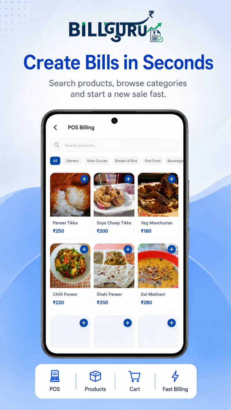 Creating a bill in the BillGuru point of sale app by searching products and browsing categories