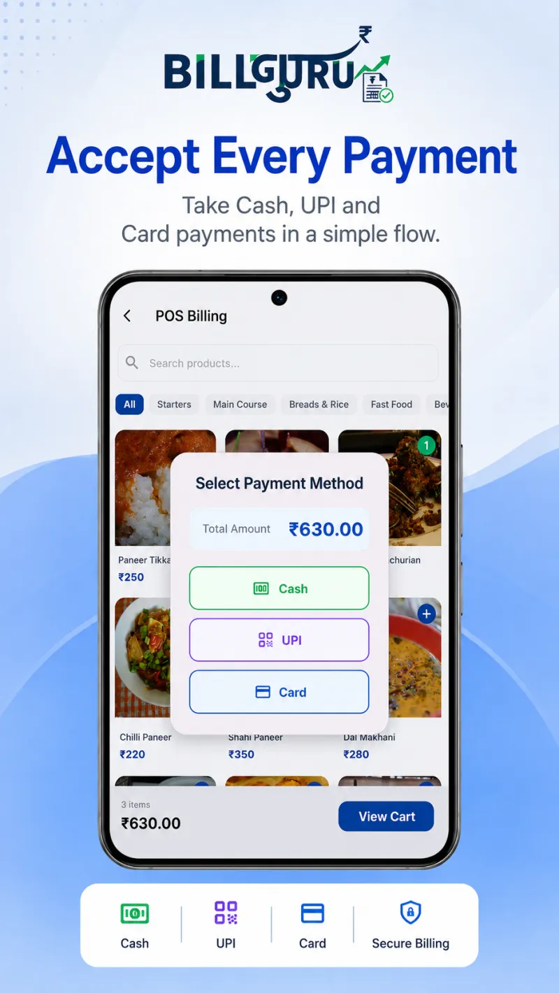 BillGuru payment screen accepting cash, UPI and card payments for a retail shop bill