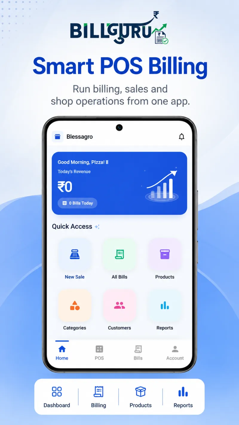 BillGuru POS billing app dashboard showing today revenue with quick access to new sale, bills and products